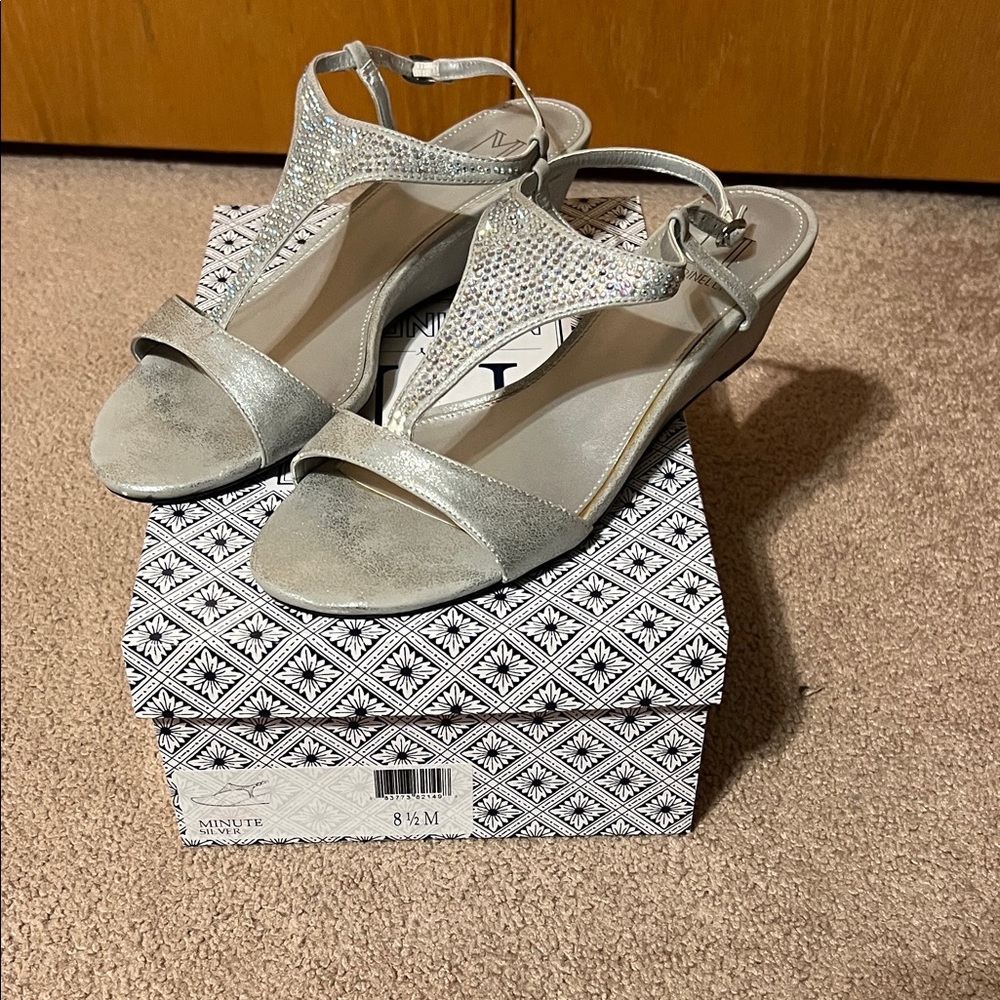 Marinelli wedge, silver and rhinestone sandals size 8 1/2 medium some wear.